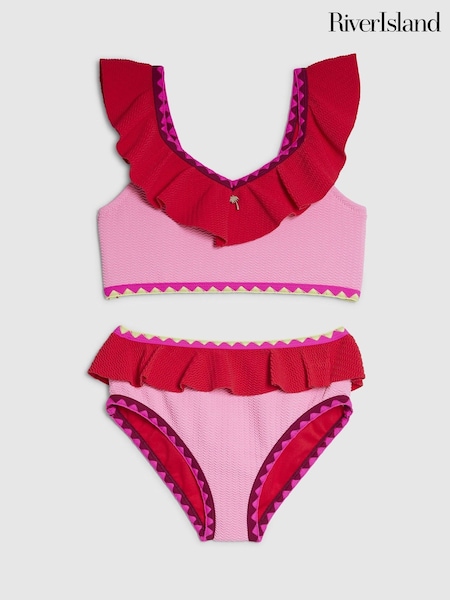 River Island Pink Colour Block Textured Frill Bikini (V50116) | $47