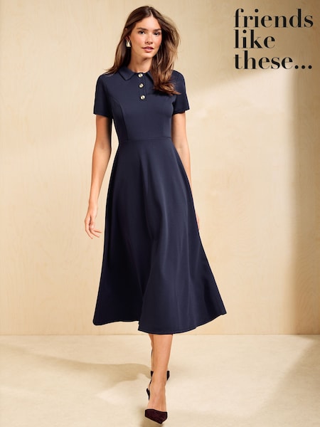 Navy - Friends Like These Collar Button Front Midi Dress