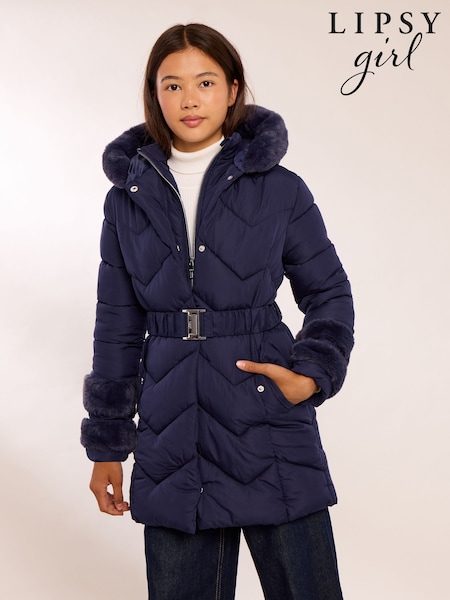 Navy Blue - Lipsy Shower Resistant Midweight Faux Fur Trim Quilted Belted Puffer Coat (5-12yrs)