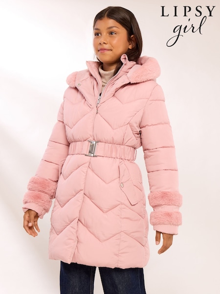 Pink - Lipsy Shower Resistant Midweight Faux Fur Trim Quilted Belted Puffer Coat (5-12yrs)