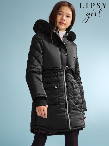 Black - Lipsy Shower Resistant Midweight Padded Parka Coat (5-16yrs)