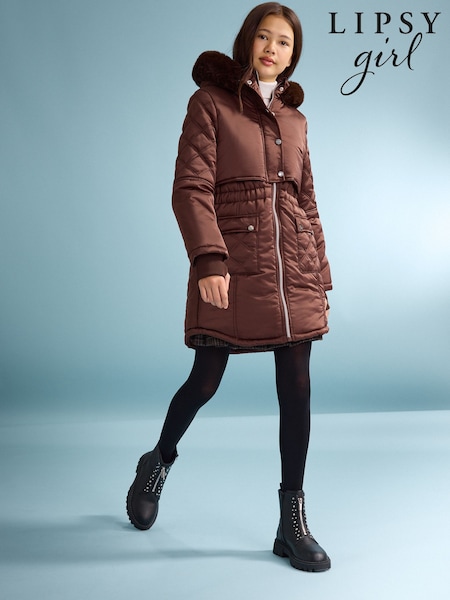 Brown - Lipsy Shower Resistant Midweight Padded Parka Coat (5-16yrs)