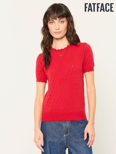 Red - Fatface Pointelle Stitch Short Sleeve Top