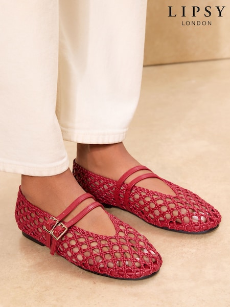 Red - Lipsy Faux Leather Weave Double Strap Mary Jane Ballerinas