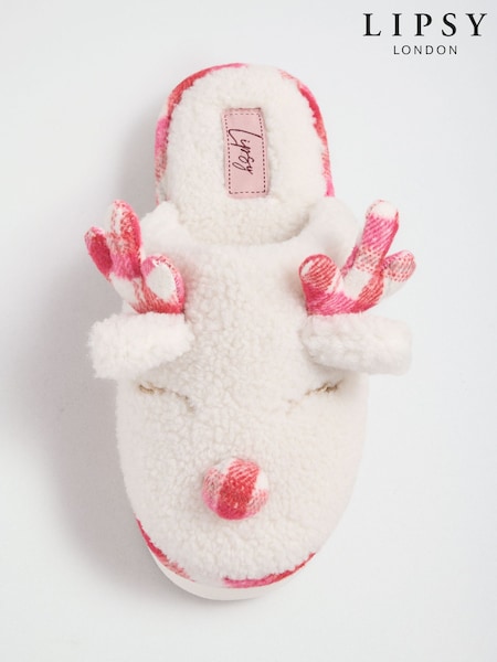 Cream - Lipsy Soft Faux Borg Reindeer Mule Slippers