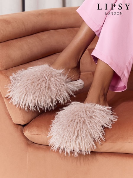 Dusky Pink - Lipsy Fluffy Faux Fur Slider Slippers