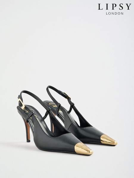 Black - Lipsy Faux Leather Metal Toecap High Stiletto Heel Slingback Court Shoes
