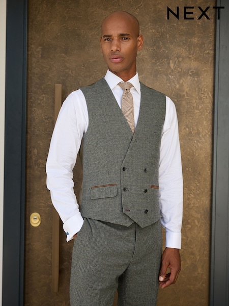 Green - Regular Double Breasted Fit Nova Fides Italian Wool Blend Check Suit Waistcoat