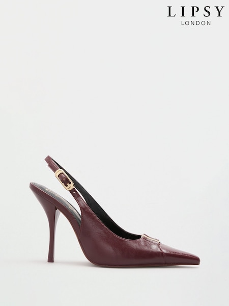 Burgundy Red Faux Leather - Lipsy Hardware Trim Detail Slingback Stiletto High Heel Court Shoe