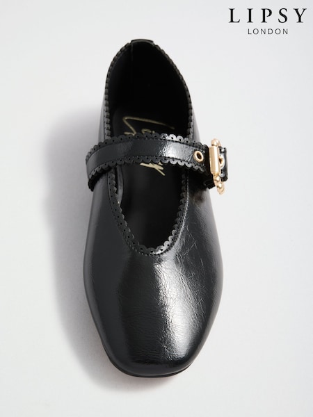 Black Faux Leather - Lipsy Scallop Detail Slim Flat Mary Jane Ballerinas