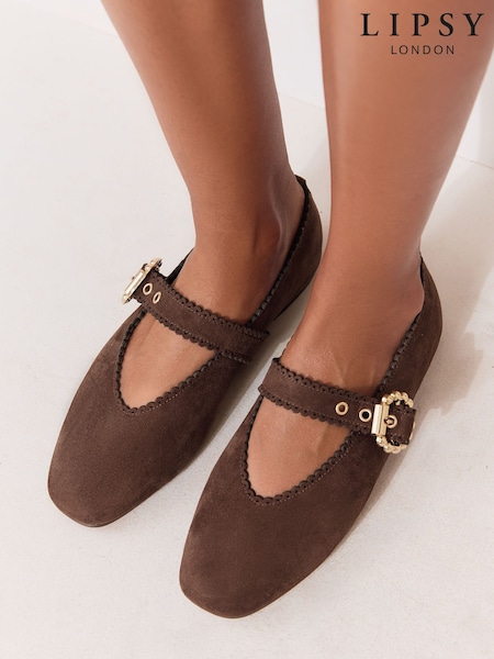 Chocolate Brown - Lipsy Scallop Detail Slim Flat Mary Jane Ballerinas