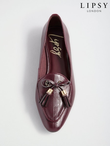 Burgundy Red - Lipsy Faux Leather Tassel Bow Hardware Trim Slipper Loafers