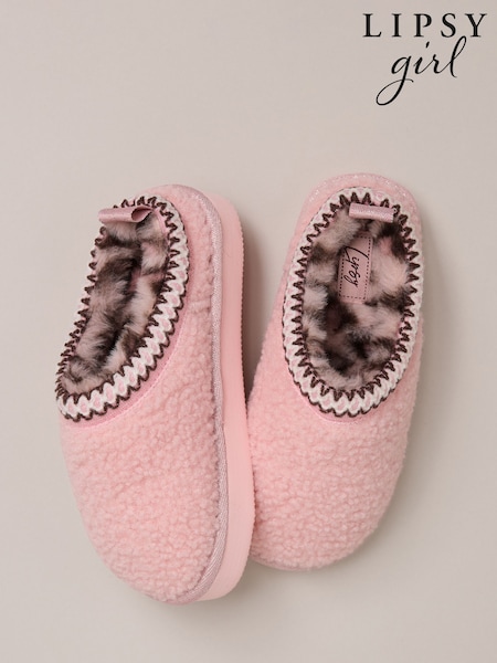 Pink - Lipsy Embroidered Tape Faux Fur Lined Borg Platform Slipper Mules