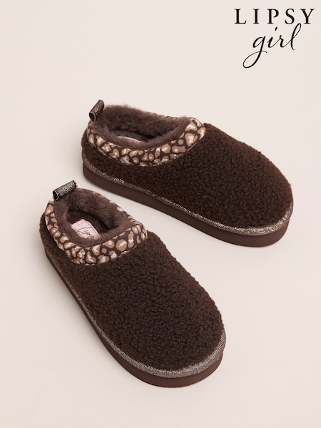 Chocolate Brown - Lipsy Embroidered Tape Faux Fur Lined Borg Platform Slipper Mules