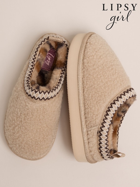 自然色 - Lipsy Embroidered Tape Faux Fur Lined Borg Platform Slipper Mules