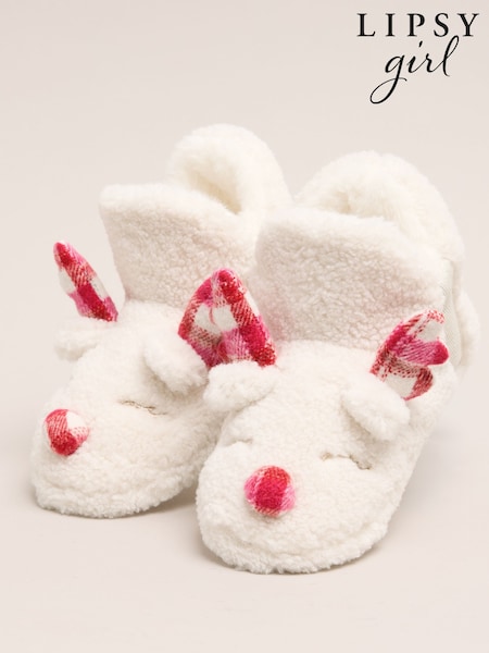 Cream - Lipsy Soft Faux Borg Cream Reindeer Slipper Ankle Boots