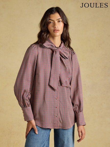 Brown Check - Joules Tabby Tie Neck Blouse