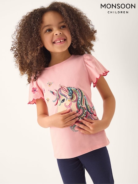 Monsoon Pink Embroidered Sequin Unicorn T-Shirt (V50978) | AED135 - AED163