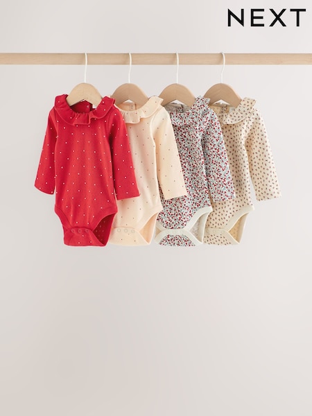 Red Ditsy Floral - Baby Long Sleeve Frill Bodysuits 4 Pack (0mths-2yrs)