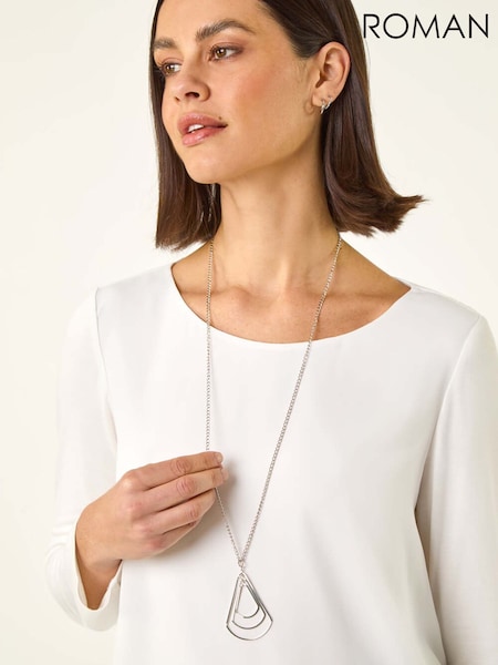 לבן - Roman Chiffon Overlay Necklace Tunic Top (V51154) | ‏314‏₪