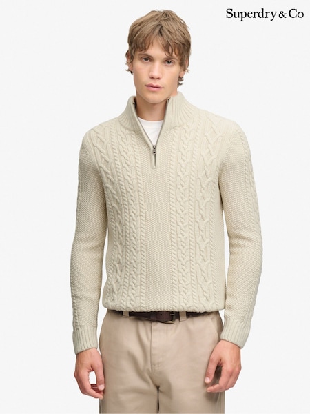Krem - Regular Superdry Jacob Cable Half Zip Knit Jumper