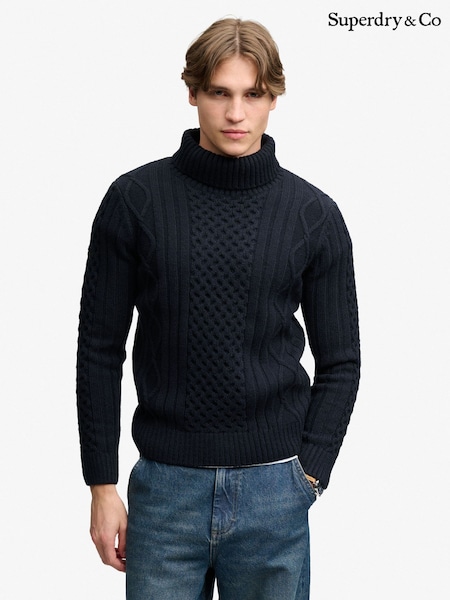 Blue - Regular Superdry Jacob Cable Roll Neck Jumper