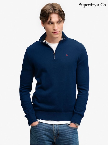 Blue - Regular Superdry Prep Essential Cotton Half Zip Jumper