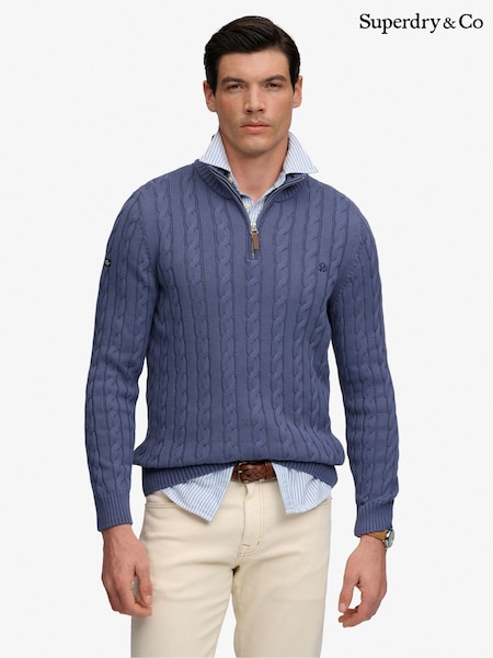 Light Blue - Regular Superdry Preppy Cotton Cable Half Zip Jumper
