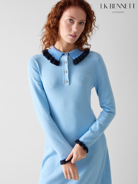 LK Bennett Blue Tate Cotton Frill Collar Knitted Dress (V51897) | $496