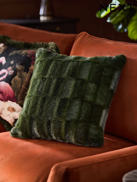 Textured Faux Fur Check Cushion