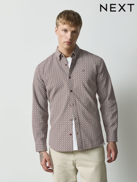 Burgundy Red - Regular Geo Print Stretch Oxford Long Sleeve Shirt