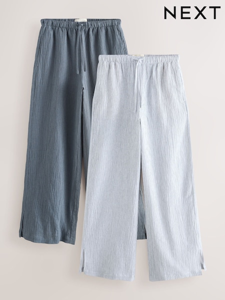 Slate Blue/White Stripe - Textured Wide Trousers With Linen 2 Pack