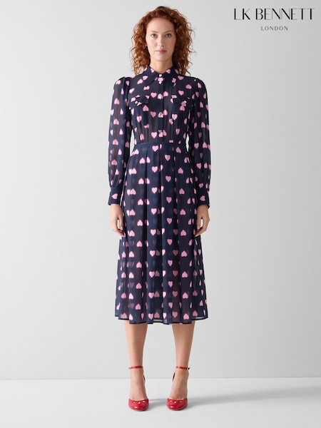 LK Bennett Navy Blue Cody Multi Heart Print Shrit Dress (V52400) | $745