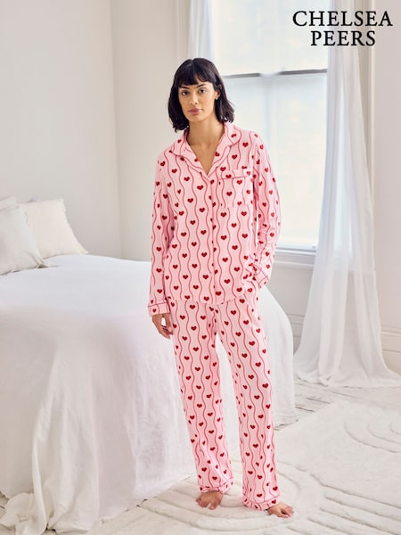 Chelsea Peers Pink Wavy Stripe Heart Print Long Pyjamas Set (V52949) | $112