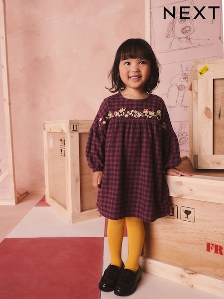Purple Check - Embroidered Gromit Long Sleeve Dress (3mths-8yrs)