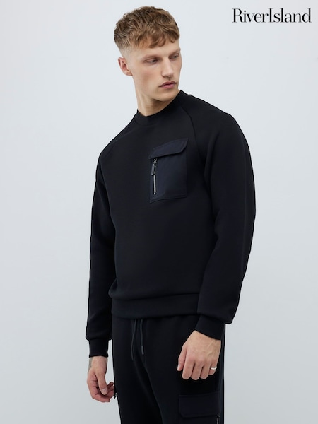 River Island Black Slim Fit Nylon Hybrid Crew Neck Sweatshirt (V53144) | SGD 75