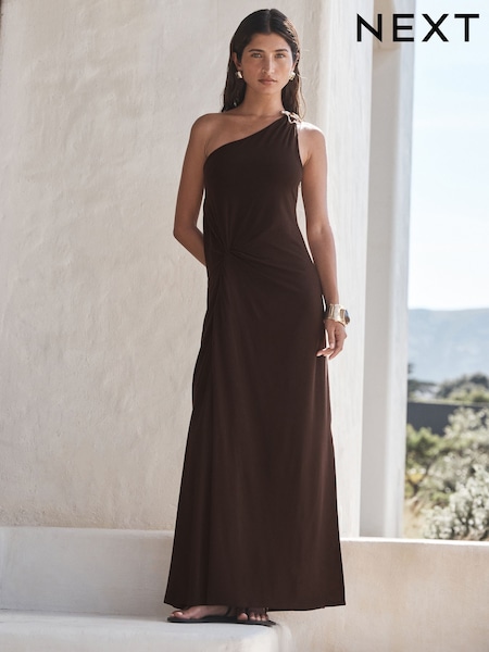 Chocolate - Gold Hardwear One Shoulder Knot Detail Midi Dress