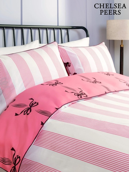 Chelsea Peers Pink Cotton Bow and Stripe Print Reversible Bedding Set (V53574) | €92 - €134