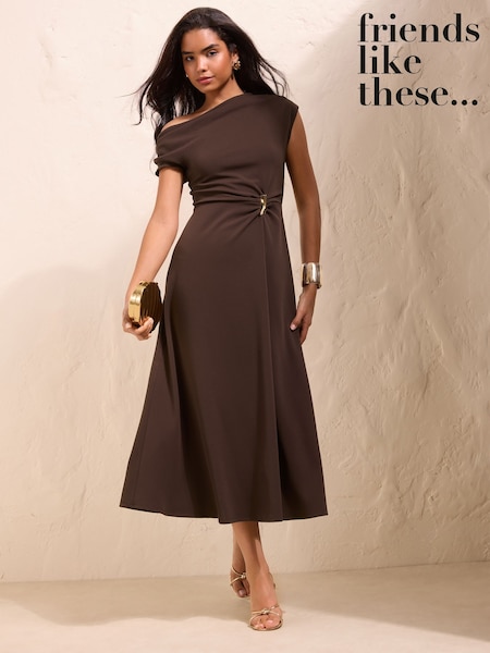 Chocolate Brown - Friends Like These Draped One Shoulder Midi Dress