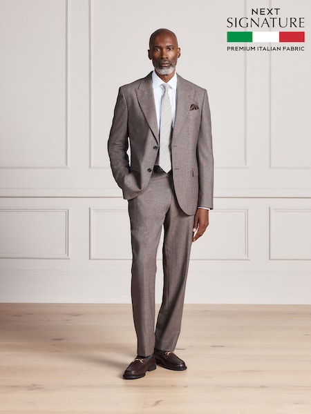 Brown - Regular Signature Slim Fit Marzotto Italian Wool Puppytooth Suit Trousers