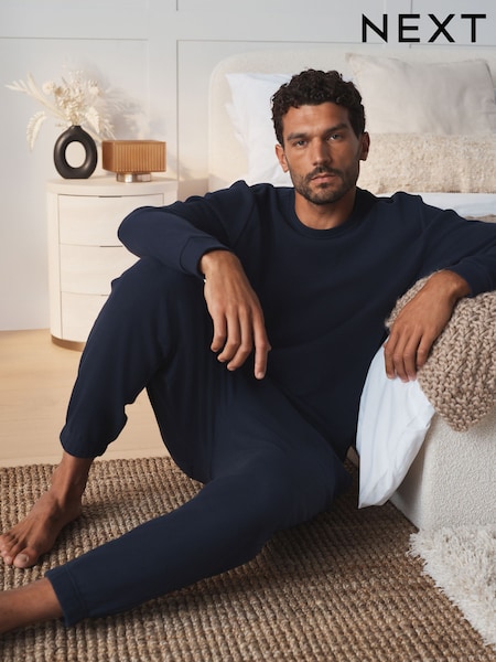 Navy - Regular Long Sleeve Waffle Pyjamas Set