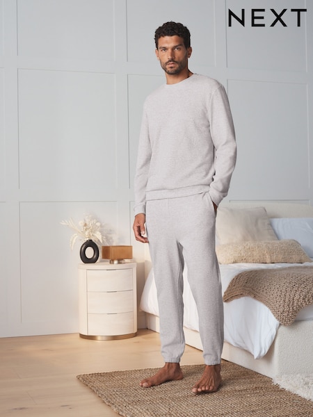 Light Grey - Regular Long Sleeve Waffle Pyjamas Set
