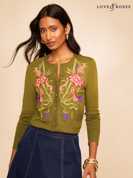 Green - Love & Roses Crew Neck 3/4 Sleeve Floral Embroidered Knitted Cardigan