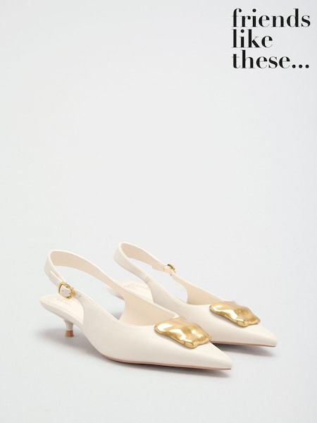 Ecru - Friends Like These Faux Leather Gold Hardware Pointed Toe Slingback Kitten Heel Court Shoes