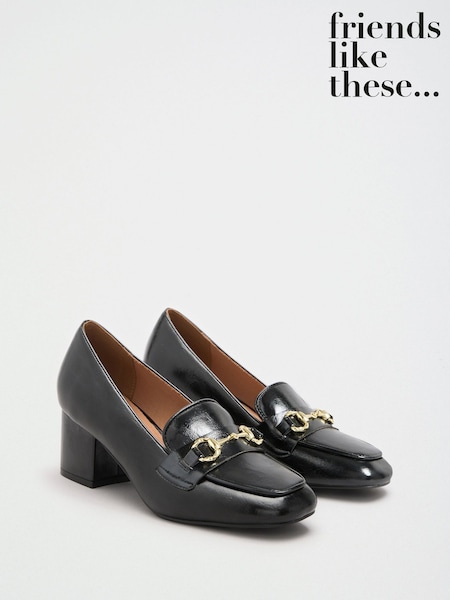 Black - Friends Like These Faux Leather Snaffle Trim Mid Block Heeled Loafers