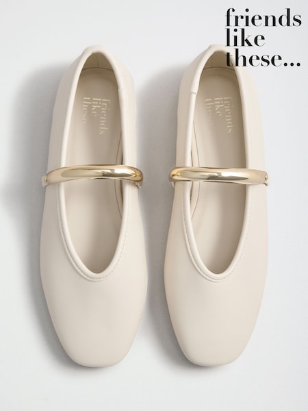 Ecru Faux Leather - Friends Like These Square Toe Hardware Strap Flat Ballerina Shoes