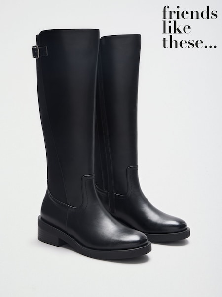 Black - Friends Like These Faux Leather Buckle Detail Elastic Back Knee High Riding Boots