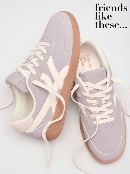 Grey/Ecru - Friends Like These Faux Suede Cross Over Panel Lace Up Gumsole Sports Trainers