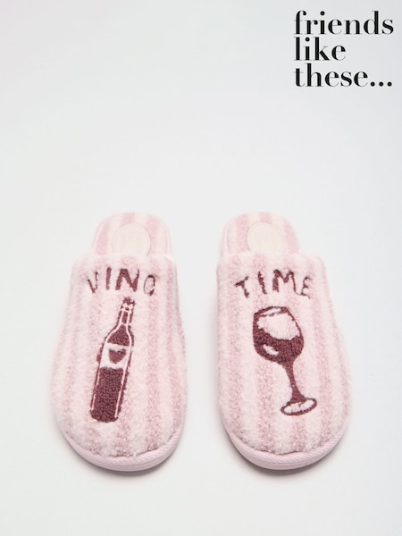 Pink - Friends Like These Borg Cosy 'vino Time' Mule Slippers