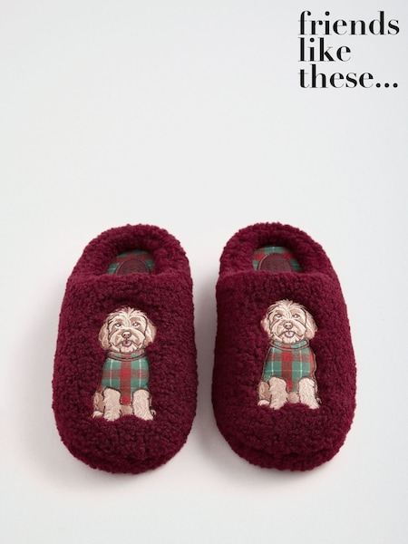 Burgundy Red Dog Motif - Friends Like These Borg Cosy Mule Slippers